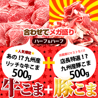 リッチな牛こま+豚こまがコンビでメガ盛り1kg【送料無料】(九州産)